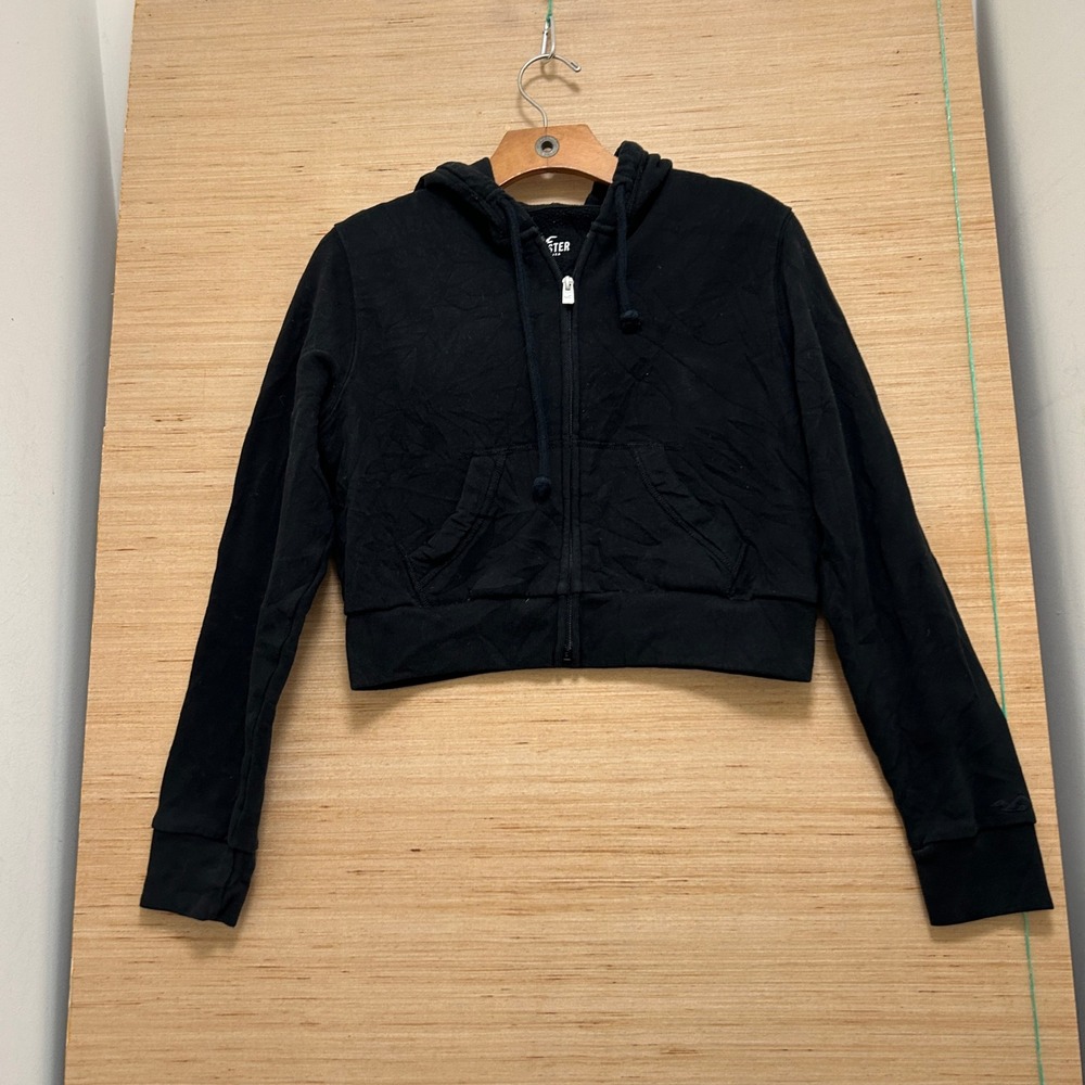 Hollister Womens XS Black Cropped Full Zip‎ Hoodie Sweatshirt Long Sleeve 5839
